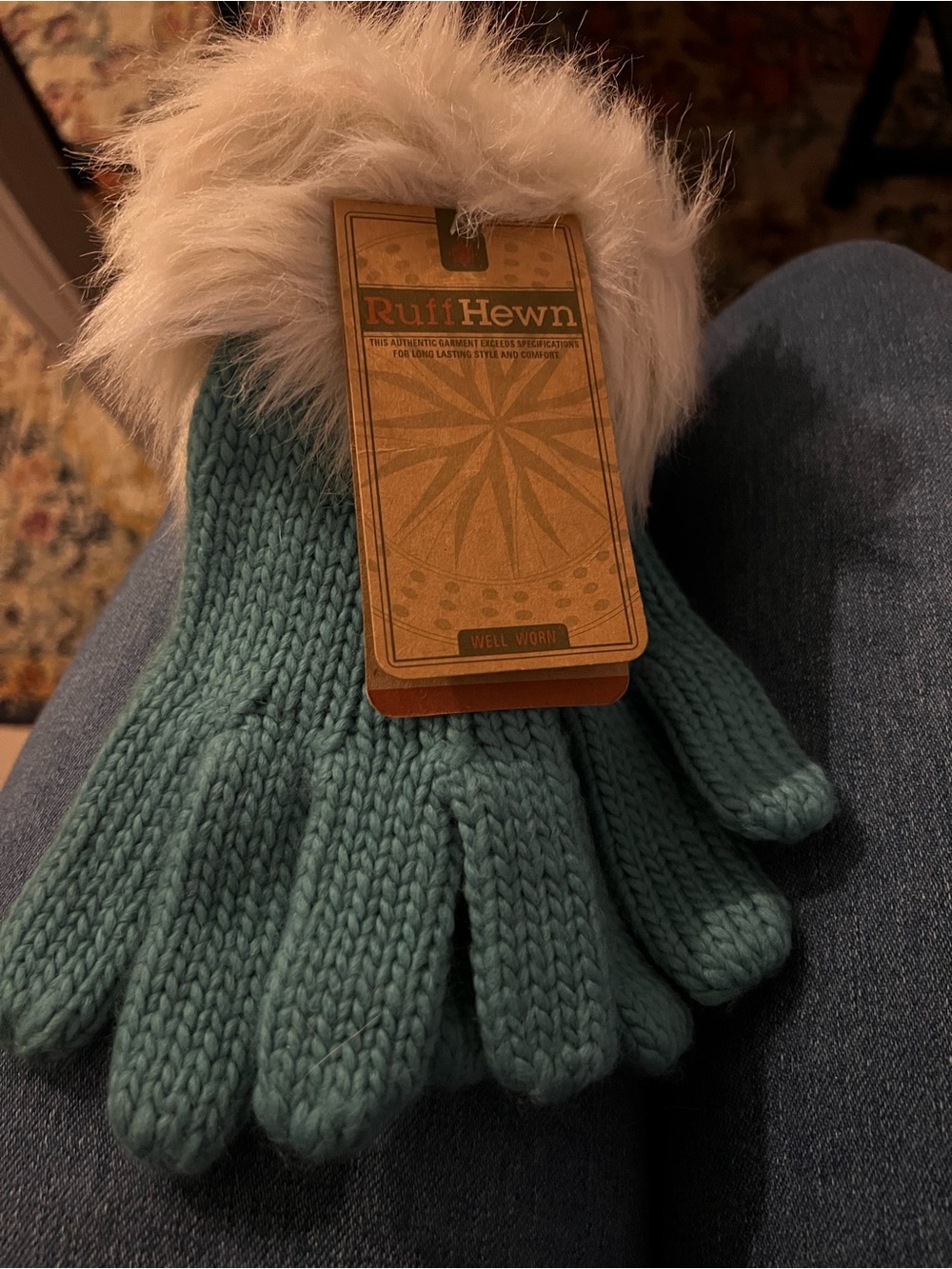 NWT Ruff Hewn Knit Teal and Fake Fur gloves